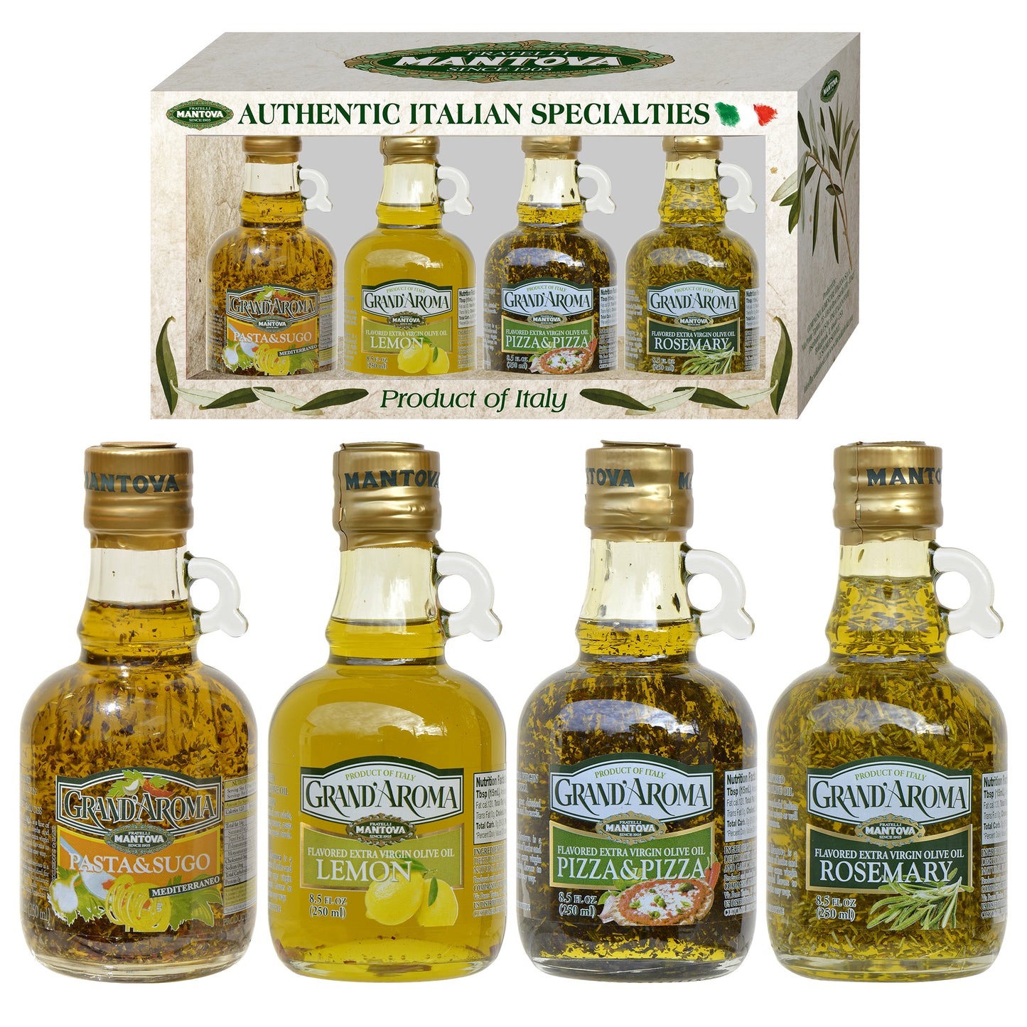 Mantova Grand'Aroma Flavored Extra Virgin Olive Oil Variety Set: Pasta & Sugo, Pizza & Pizza, Lemon, Rosemary, 8.5 Fl Oz each