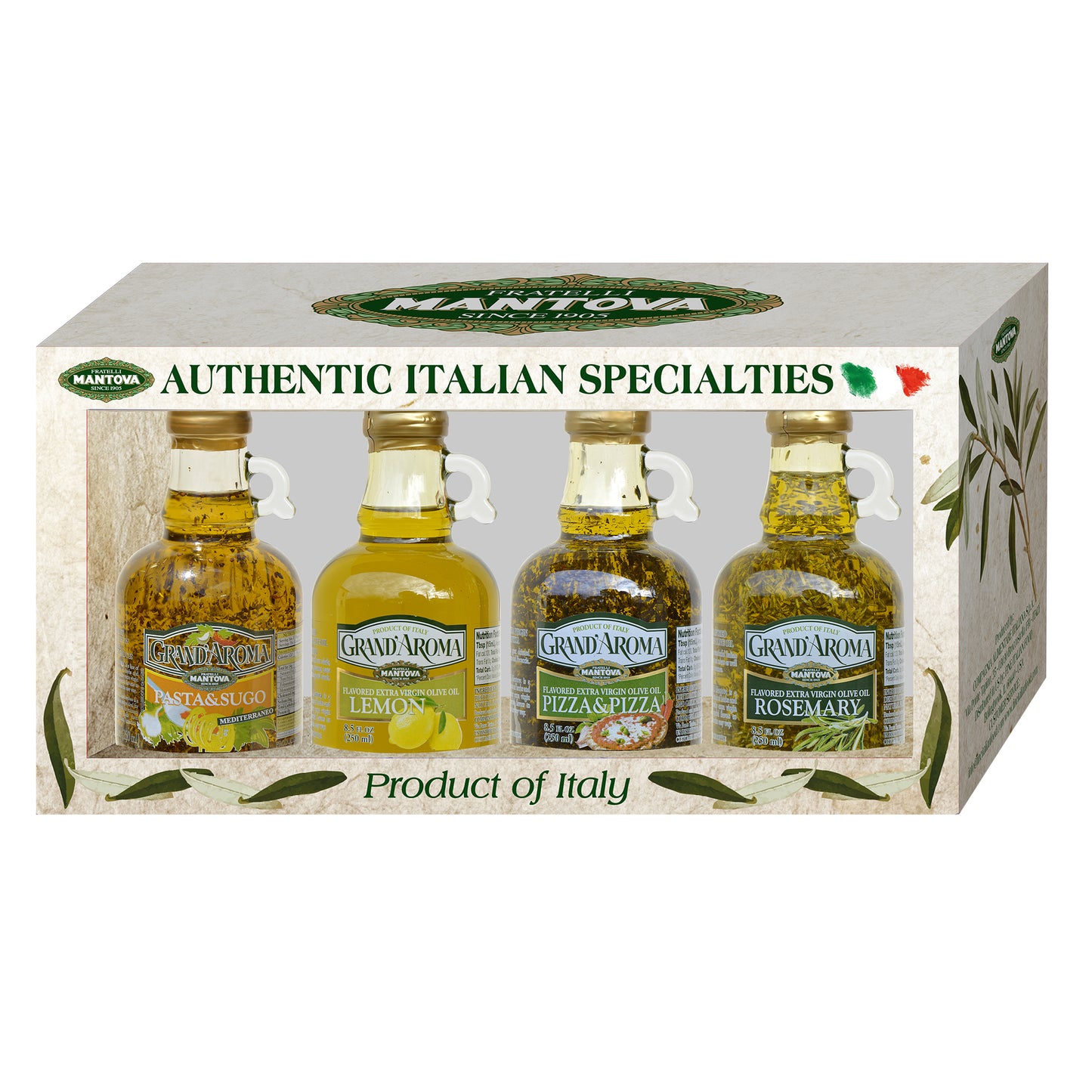 Mantova Grand'Aroma Flavored Extra Virgin Olive Oil Variety Set: Pasta & Sugo, Pizza & Pizza, Lemon, Rosemary, 8.5 Fl Oz each
