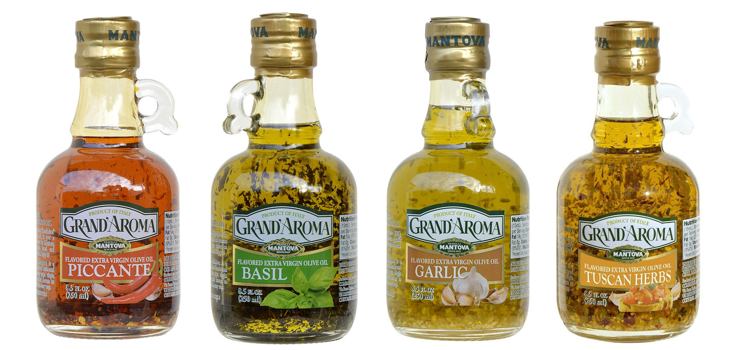 Mantova Grand'Aroma Flavored Extra Virgin Olive Oil Variety Set: Piccante, Basil, Garlic, Tuscan Herbs, 8.5 fl oz each