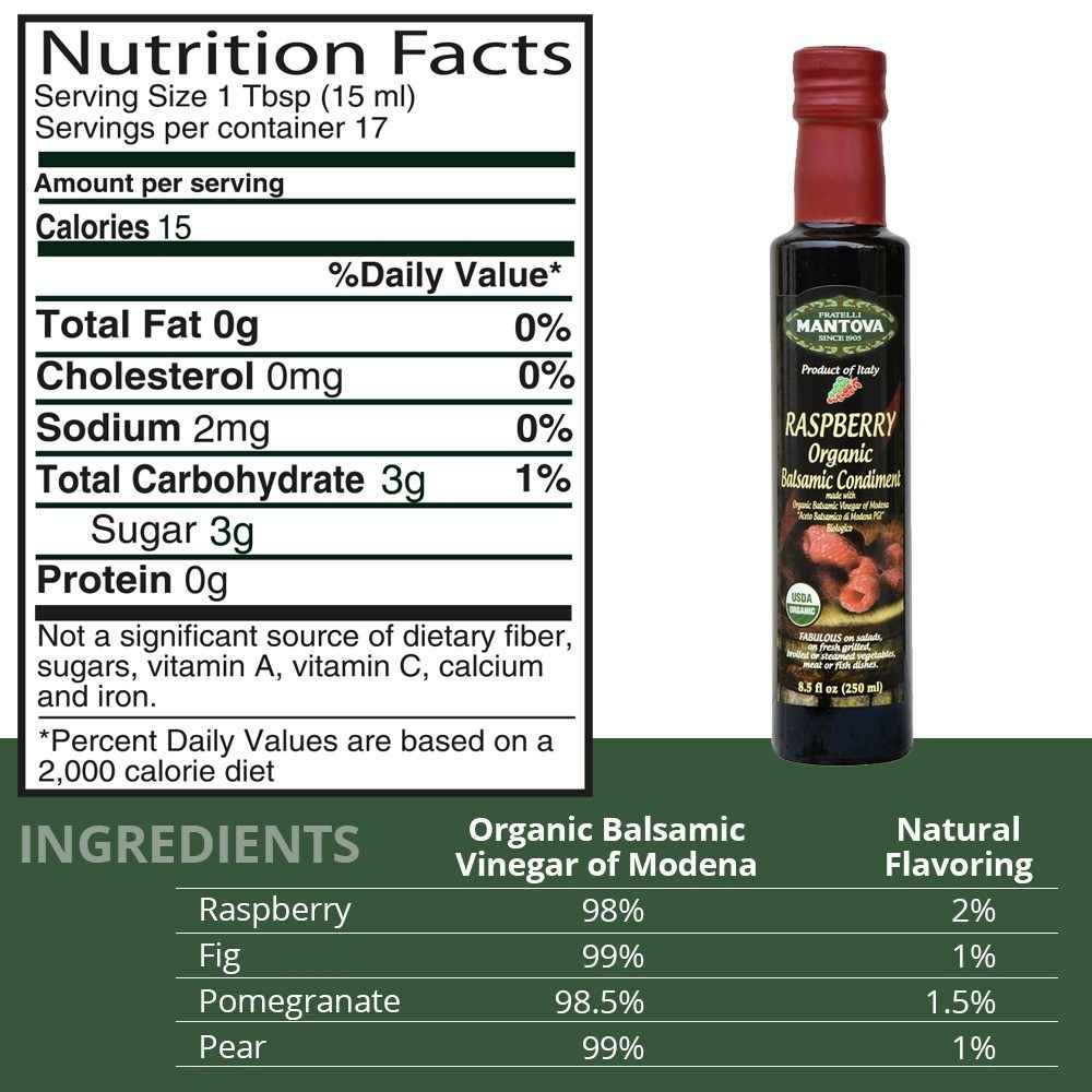 Mantova Organic Balsamic Vinegar of Modena Set: Pear, Fig, Raspberry, Pomegranate, 8.5 oz each