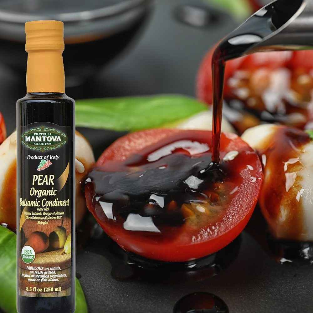 Mantova Organic Balsamic Vinegar of Modena Set: Pear, Fig, Raspberry, Pomegranate, 8.5 oz each