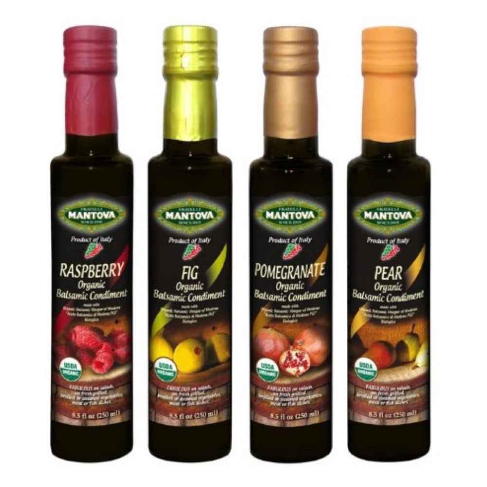 Mantova Organic Balsamic Vinegar of Modena Set: Pear, Fig, Raspberry, Pomegranate, 8.5 oz each