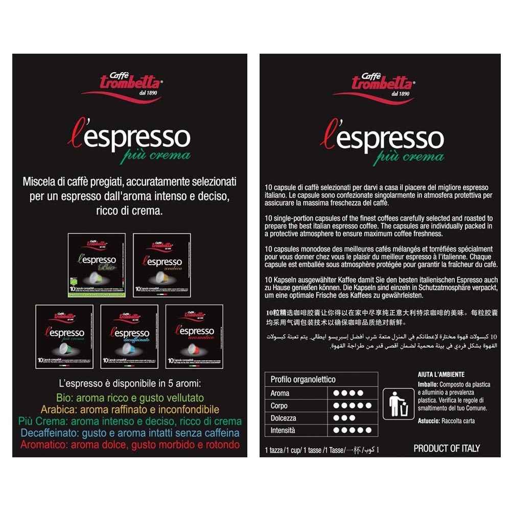 Trombetta Nespresso Piu Crema Pods, 10 count