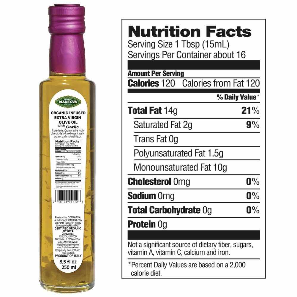 Mantova Organic Extra Virgin Olive Oil Variety Set: Garlic, Basil, Lemon, Chili (8.5 0z each)