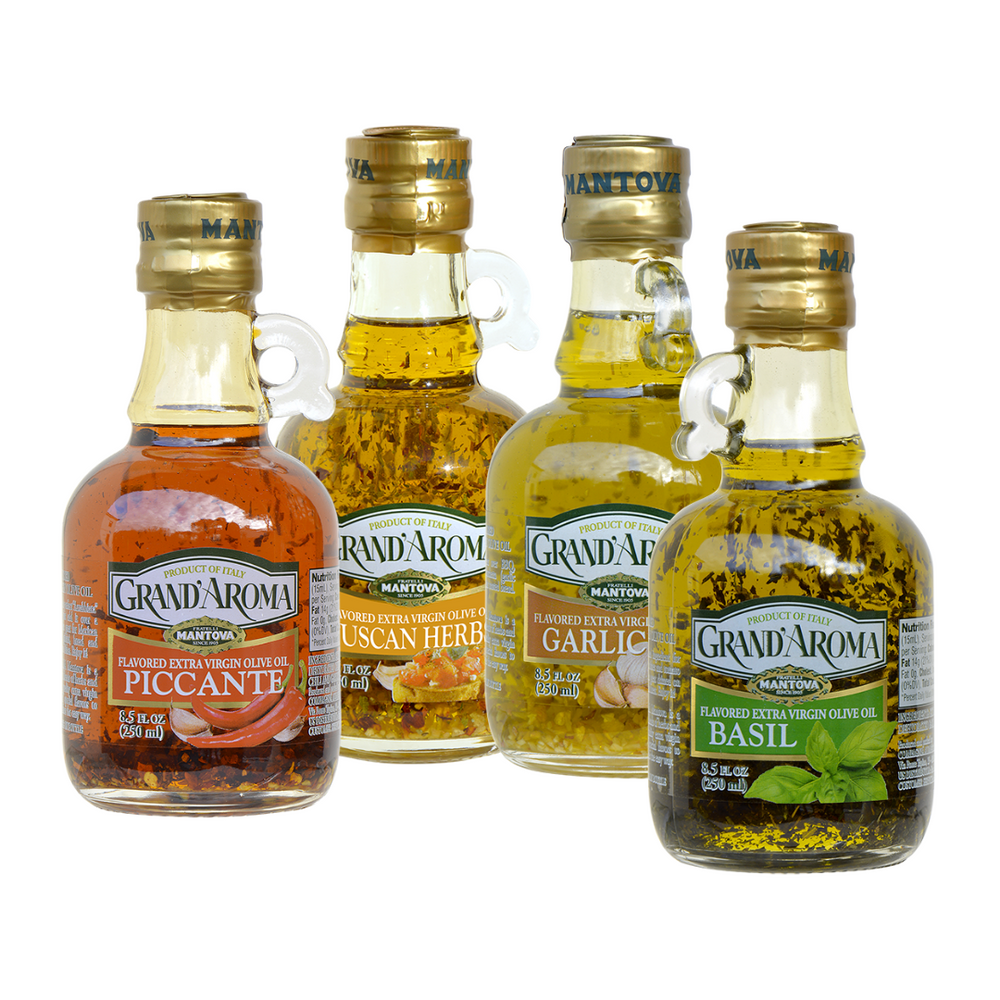 Mantova Grand'Aroma Flavored Extra Virgin Olive Oil Variety Set: Piccante, Basil, Garlic, Tuscan Herbs, 8.5 fl oz each