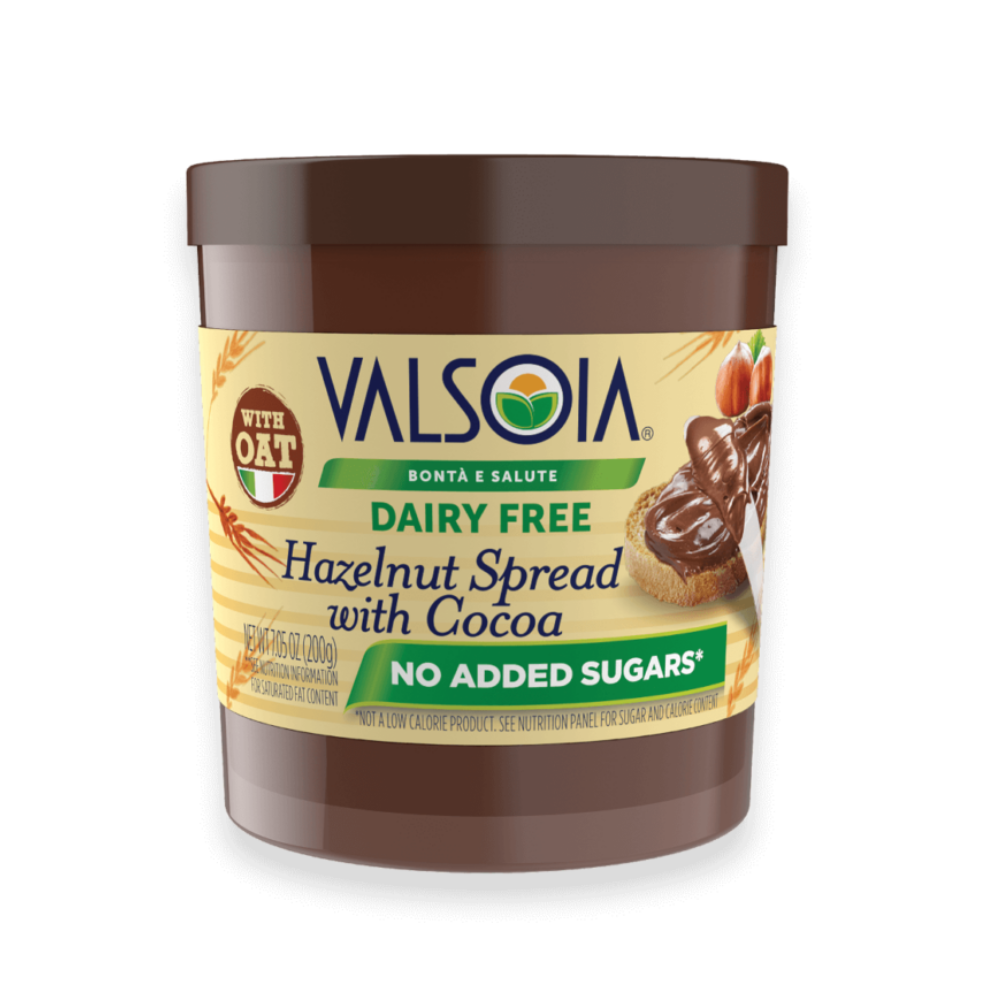 Valsoia No Added Sugar, Dairy-Free Hazelnut Spread with Cocoa and Oats, 7.05 oz.