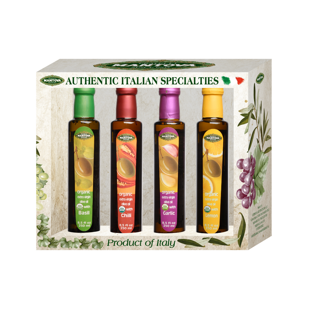 Mantova Organic Extra Virgin Olive Oil Variety Set: Garlic, Basil, Lemon, Chili (8.5 0z each)