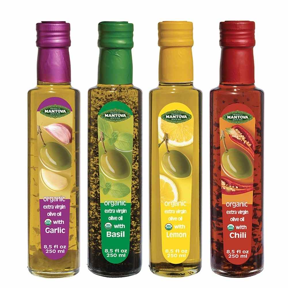 Mantova Organic Extra Virgin Olive Oil Variety Set: Garlic, Basil, Lemon, Chili (8.5 0z each)