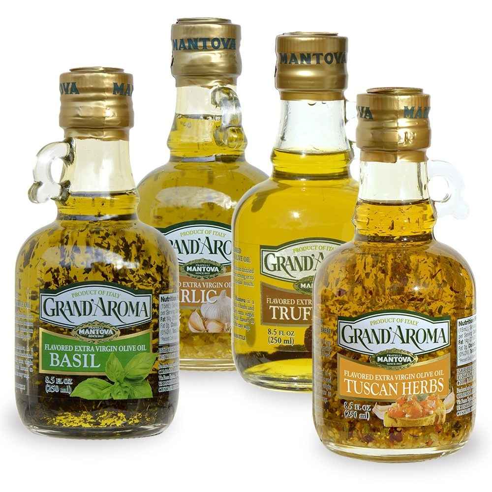 Mantova Grand'Aroma Flavored Extra Virgin Olive Oil Variety Set: Basil, Garlic, Truffle and Tuscan Herbs, 8.5 fl. oz.